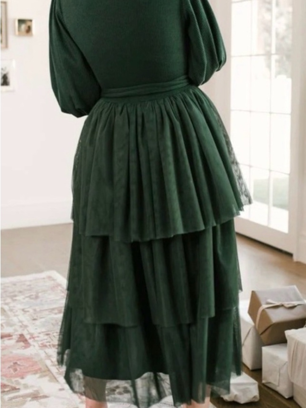Ivy City Co Dark Green Tiered Maxi Dress with Puff Sleeves - Picture 3 of 10